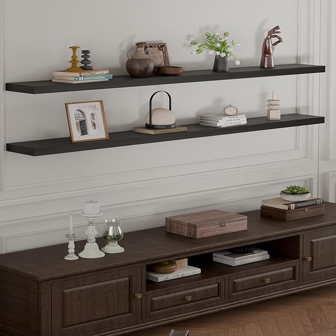 IEO Long Wooden Floating Shelves for Room Wall, Natural Wood Floating Shelves Wall Mounted Kitchen Shelf for Living Room, Bedroom, Kitchen,Bathroom, Storage (Black, 72in 2tier)