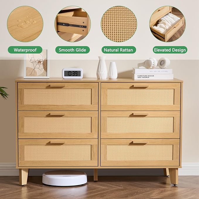 Dresser for Bedroom with 6 Drawers – Wide Chest of Drawers with Pulls Handles, Solid Wood Legs, Easy Assembly, Farmhouse Tall Dressers for Closet, Living Room,Hallway and Entryway oak1
