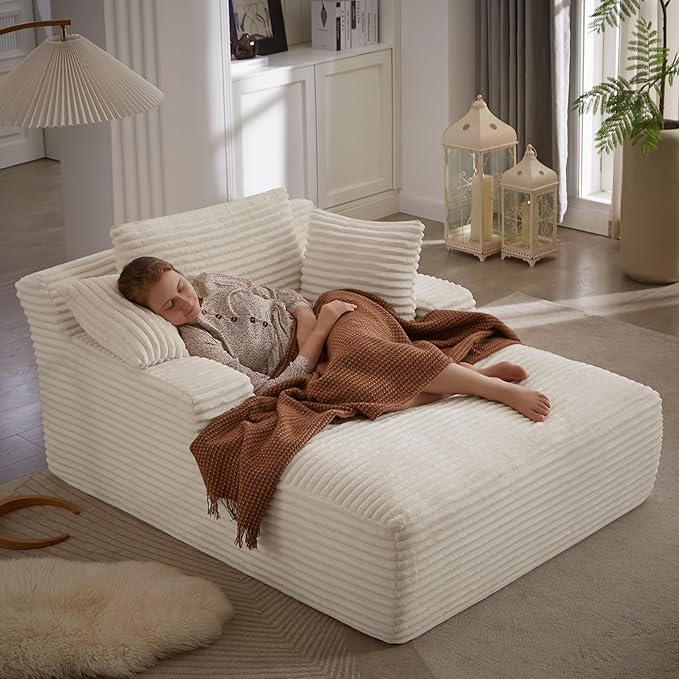 50" Chaise Lounge Indoor, Corduroy Lazy Sofa Bed Sleeper Chair with 3 Pillows & Spring Cushion, Oversized Boneless Chair for Living Room Apartment, Beige
