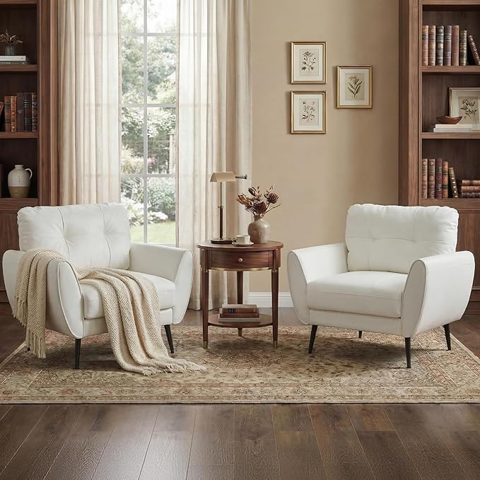 TYBOATLE Accent Chairs Set of 2, Comfy Modern Living Room Chair White Faux Leather Reading Accent Chairs Tufted Mid Century Arm Chair Small Salon Chairs for Office Bedroom (2, White)