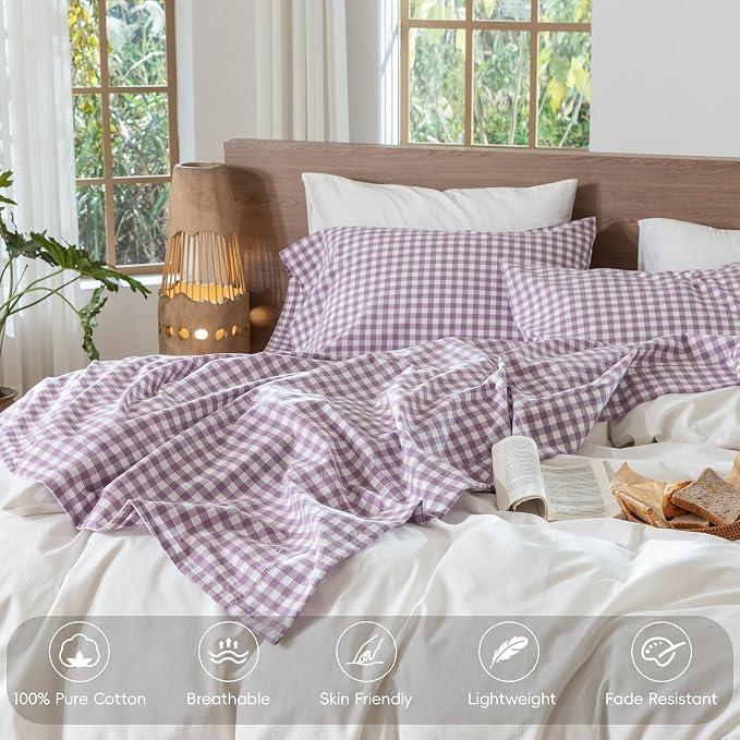 MooMee Gingham Sheet Set 100% Washed Cotton Linen Like Textured Breathable Soft w/Fully Elasticized 16-19" Deep Pocket (Classic Gingham Light Purple, Queen)
