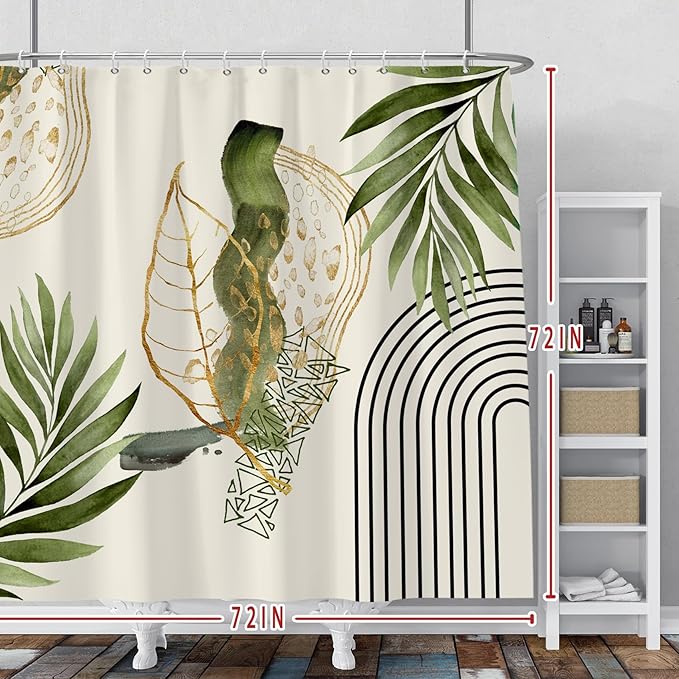 Baocicco Boho Shower Curtain Green Gold Leaves Modern Abstract Geometric Minimalist Shower Curtains Decorative for Bathroom Waterproof Fabric Shower Curtain with Hooks 72x72 Inches