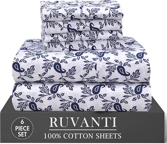 RUVANTI 100% Cotton Percale Sheets Queen Size 6 Piece Set, Cooling Bed Sheets for Hot Sleepers, Deep Pocket 16”, Breathable Lightweight & Durable, Crisp Hotel Style Sheets, Paisley Ornament