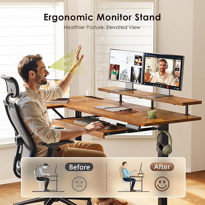 OffiGo 63 Inch Electric L Shaped Standing Desk with Keyboard Tray, Reversible Height Adjustable Corner Computer Desk with Monitor Stand, Sit Stand Up Lift Table for Home, Office, Rustic Brown
