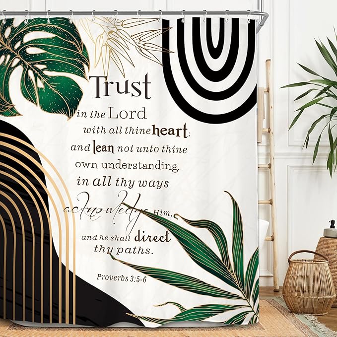 Miyotaa Abstract Bible Quotes Shower Curtain Set 60Wx71H Inches Minimalist Aesthetic Modern Emerald Green Contemporary Plant Leaves Neutral Positive Waterproof Bathroom Curtain with 12 Hooks