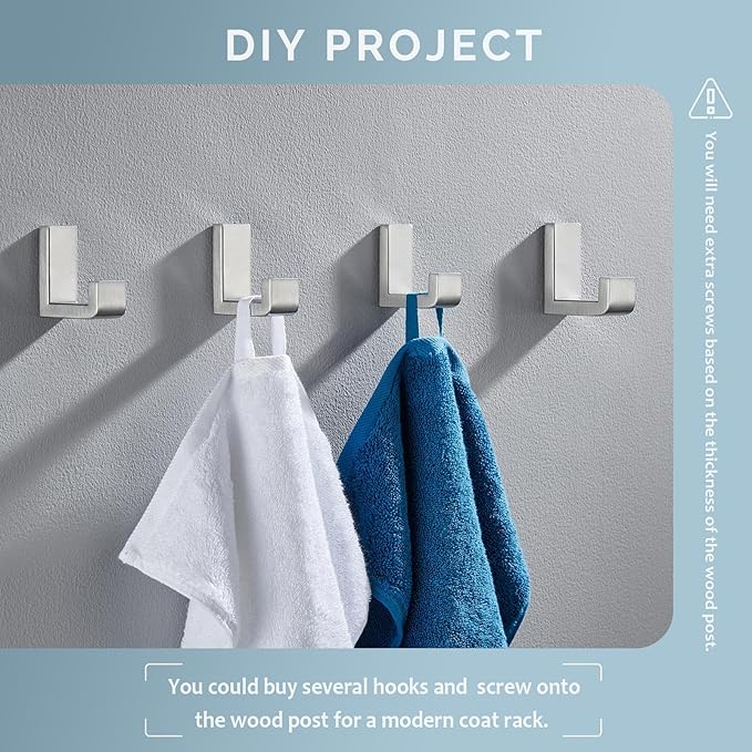 Angle Simple Bathroom Towel Hooks, SUS 304 Stainless Steel Compact Robe Coat Hooks for Wall, Brushed Nickel, 2 Pack
