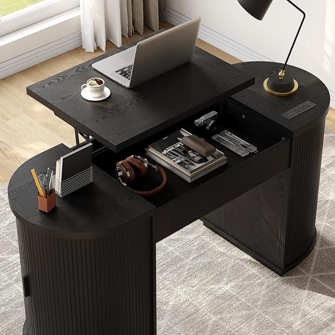 ONBRILL 59 Inches Office Desk with Lift Top, Fluted Executive Desk w/Charging Outlets, Mid-Century Modern Computer Desk with Storage, Curved Study Desk for Work/Study/Writing, Black