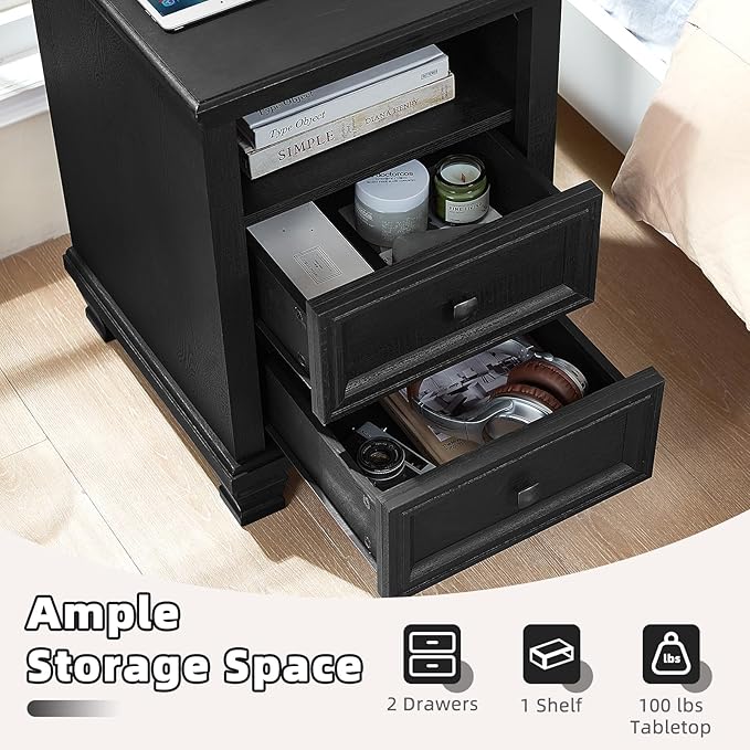 Farmhouse Nightstand Set of 2 with Charging Station, Rustic Black Nightstand with Drawers, Bedside Table with Open Shelf for Bedroom, Black