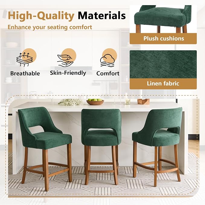 ClinQ Bar Stools Set of 6, 26" H Counter Height Bar Stools with Backs, Modern Upholstered Accent Barstools with Curved Footrest for Kitchen Island, Dining Room and Bar, Green-Walnut Legs