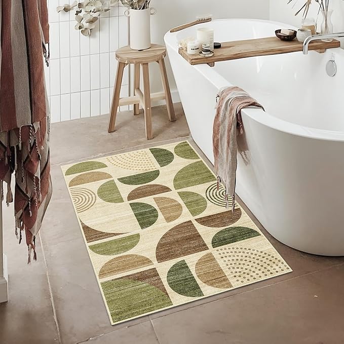 MUJOO Small Rug Washable,2x3 Area Rugs for Entryway Bathroom Entry Entrance Bedroom Kitchen,Front Door Mat Boho Throw Carpet Non Slip Indoor Soft Modern Abstract Vintage Green and Brown