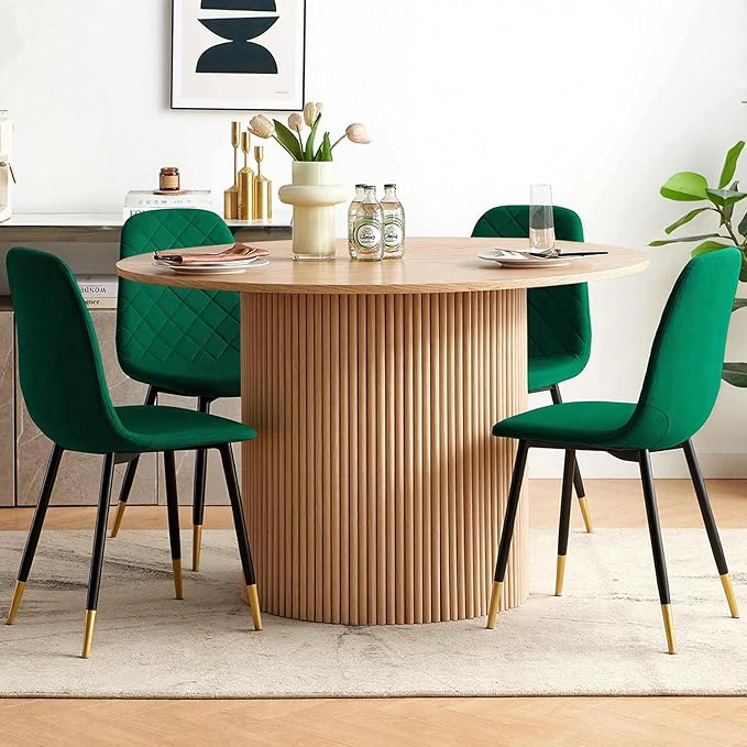 Round Dining Table Set for 4, Modern Mid Century Wooden Kitchen & Dining Room Table Set, 5 Piece Space Saving (47In Oak Table + 4 Green Velvet Chairs)
