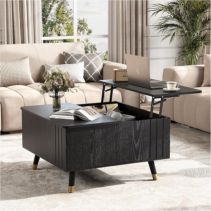 Black Lift Top Coffee Table with Storage, 32 Inch Mid Century Modern Square Center Table with Rising Top for Living Room