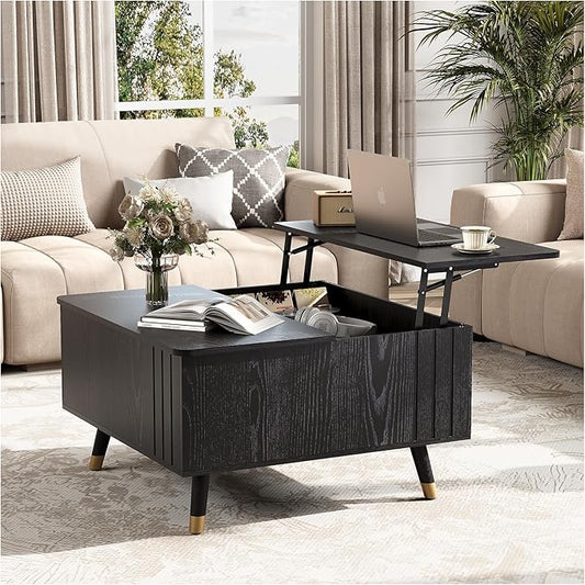Black Lift Top Coffee Table with Storage, 32 Inch Mid Century Modern Square Center Table with Rising Top for Living Room