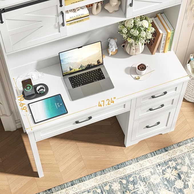 Farmhouse 67" H Executive Desk with Hutch,Office Table with LED light and 7 Drawers,Computer Desk with Charging Station,File Drawers and Storage Cabinet,Workstation for Home Office.Cream White