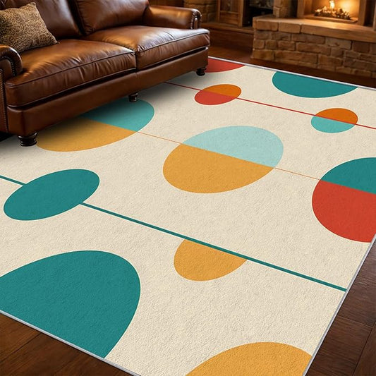 Mid Century Modern Area Rug 8x8, Washable Non Slip Low Pile Abstract Geometric Carpet for Living Room Bedroom Dining Room, Minimalist Retro Circle Accent Rug, Ivory Teal Mustard Orange