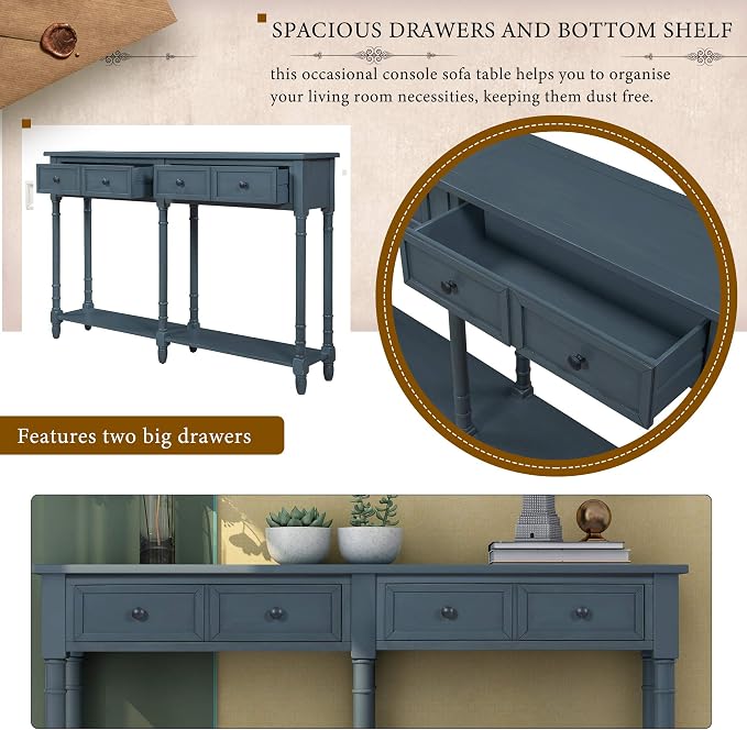 Merax Retro Console Table Sofa Table for Entryway with Drawers and Shelf Living Room Table (Antique Navy)