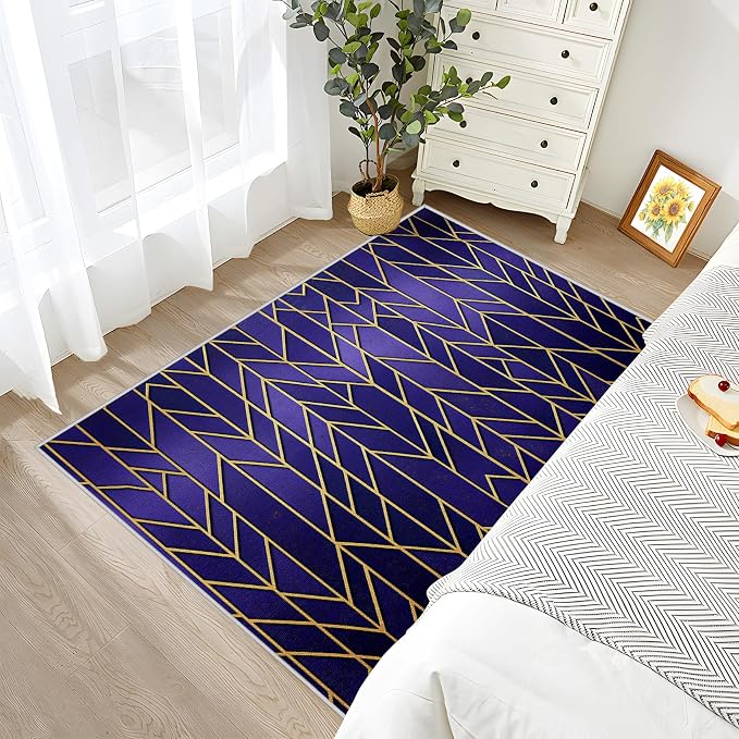 Geometric Rug 3x5 - Chevron Luxury Purple and Gold Modern Rugs for Bedroom Non Slip Low Pile Machine Washable Area Rugs for Living Room Kitchen, Geometric Carpet House Decor