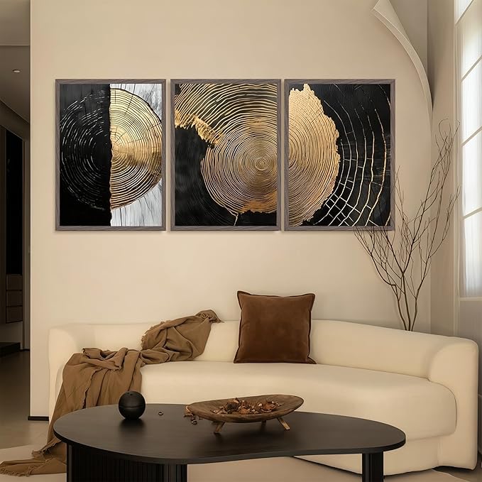 3Pcs Minimalist Abstract Black Golden Wall Art Vintage Tree Ring Wall Decor Pictures Modern Rustic Canvas Posters Prints for Living Room Office Hallway Home Decoration 12x16in Unframed