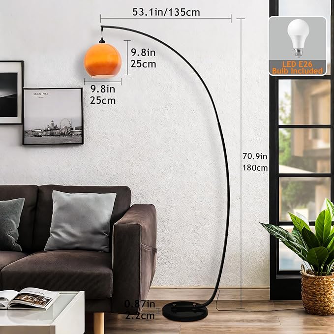 71" Arc Floor Lamp Mid Century Modern Orange Floor Lamp Globe Glass Standing Lamp With E26 3-Color Temperatures Marble Base Tall Light For Living Room Bedroom Study Dining Room(Includes Bulb) (Orange)