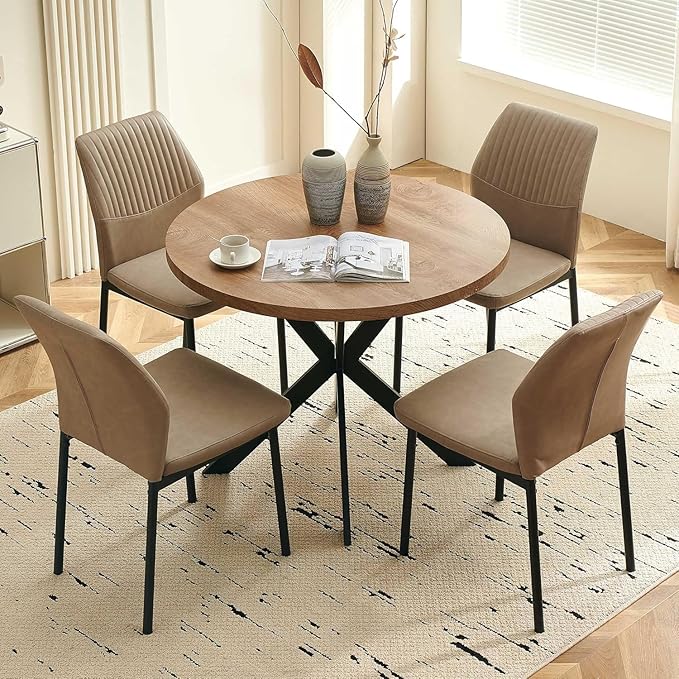 37" Round Dining Table Set for 4, Mid Century Modern Small Coffee Set for Dining Room Kitchen Apartment (Walnut Table + 4 PU Leather Beige Chairs)