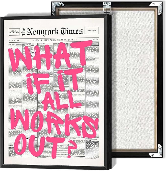 Drimiler Retro Newspaper Pink Font Poster What If It All Works Out Canvas Wall Art Positive Affirming Quote Minimalist Prints Painting For Home Bedroom Dorm Wall Decor 12x18in Framed