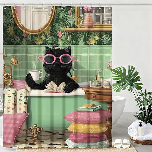 Funny Cat Shower Curtain Cute Kitten Taking Bath Shower Curtains for Bathroom Waterproof Fabric Bath Curtain Decor with Hooks