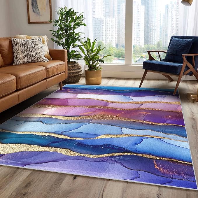 Irregular Marble Abstract Area Rug, Blue Purple Gold Pattern Carpet, Washable Non Slip Low Pile Soft Thin, Living Room Bedroom Home Decor Mat 5x8ft
