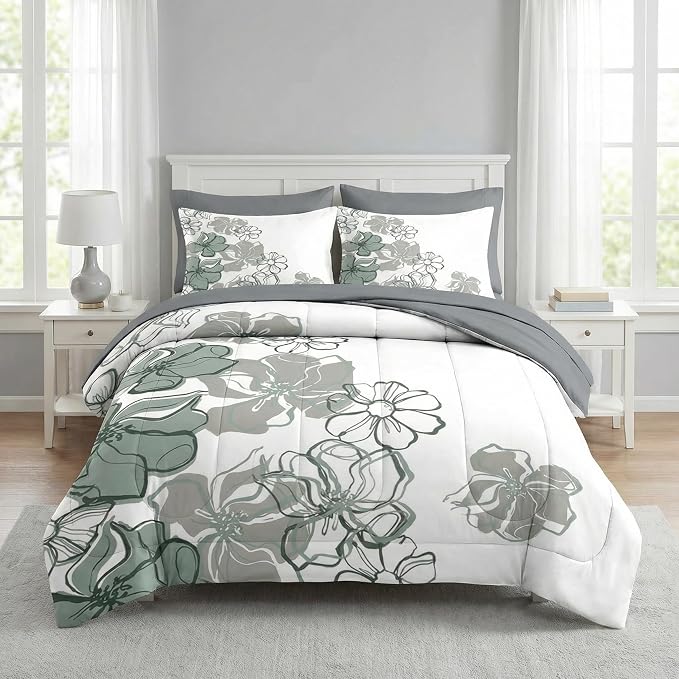 Nesker 7 Pcs Comforter Set King Size, Vintage Flowers Bedding Set for Kids and Adults, Farmhouse Floral Line Bed Sheet Sets with Fitted Sheet 2 Pillowcases & 2 Shams