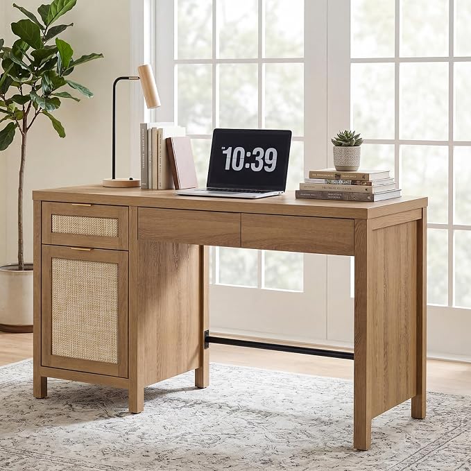 SICOTAS 55" Rattan Desk with 3 Drawers - Wood Office Computer Desk with Storage Modern Boho Home Office Desks with Side Cabinet - Large Executive Desk Study Table for Bedroom, Living Room, Oak