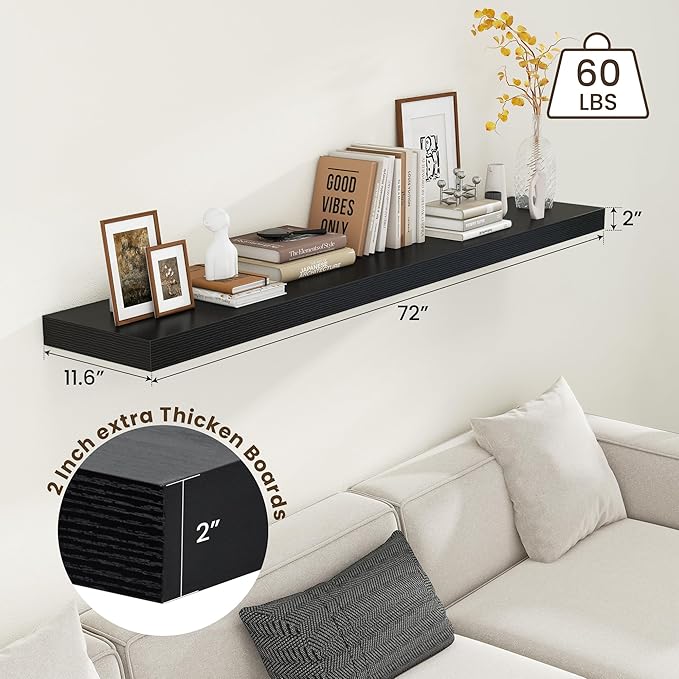 72 Inch Black Floating Shelf | 12 Inch Deep Floating Shelves Set of 1 | 72" D x 12" D Rustic Wood Shelves for Wall | Deep Black Shelves for Living Room Bathroom Laundry Room Kitchen