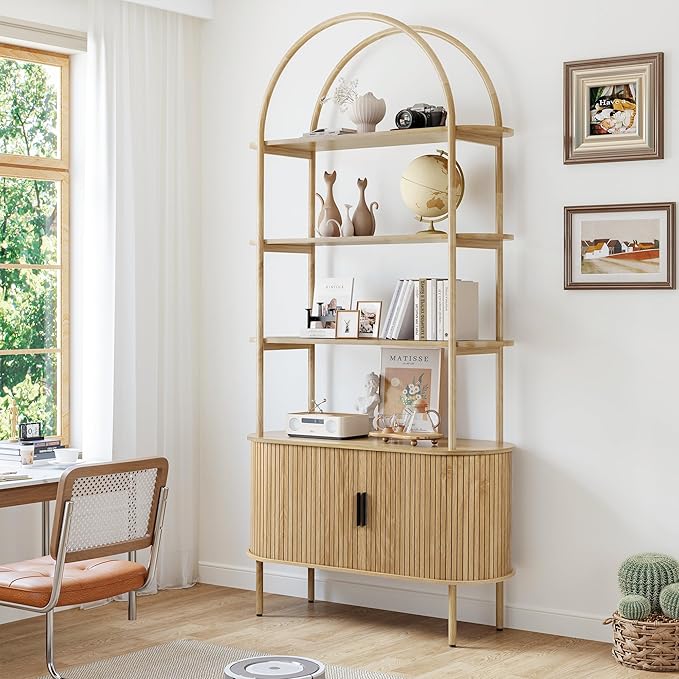 79" Tall Arched Bookshelf with Sliding Tambour Doors, Mid Century Modern Curved Bookcase Cabinet with Storage, 4-Tier Open Display Storage Shelf for Home Office, Living Room (Natural, 79inch)