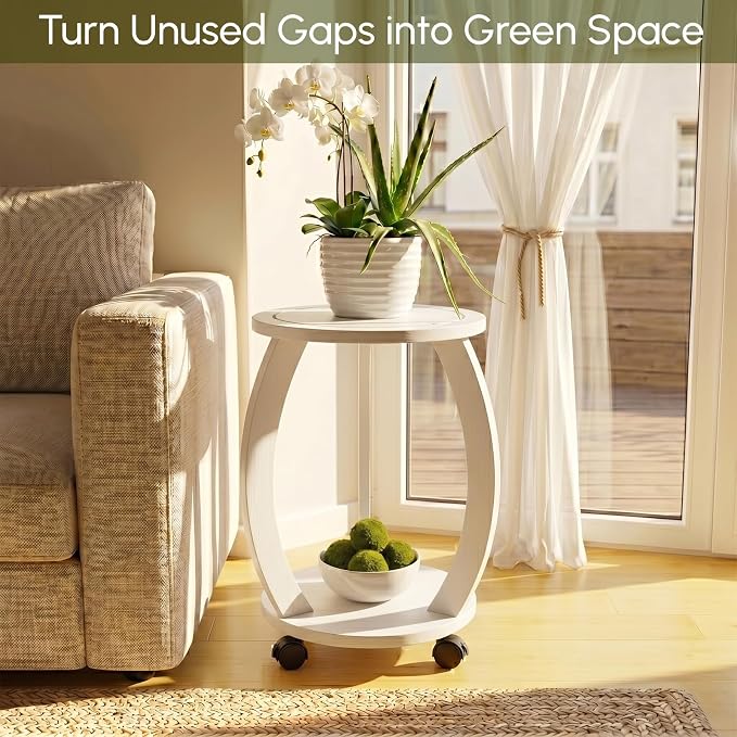 2 Tier Wooden Plant Stand Indoor with Wheels – Tall Plant Stand for 6-12 Inch Pots, Mid-Century Modern Rustic Plant Table Indoor, Pedestal Stand for Corner, Living Room, Balcony, White