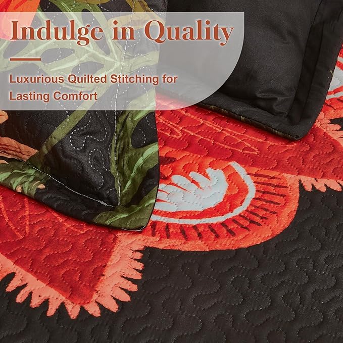 2 Piece Black Red Boho Floral Quilt Sets Twin Size Farmhouse Reversible Lightweight Bedspread Coverlet with 1 Sham Vintage Mid Century Microfiber Bedding Quilts Set for All Season, 68''x86''