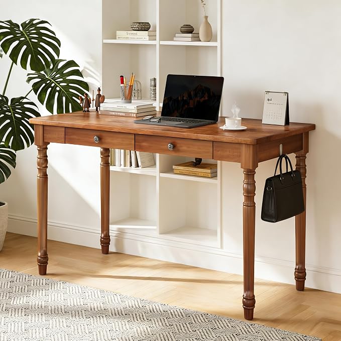 100% Solid Wooden Desk with Drawers - 47.2” Mid Century Modern Desk with 2 Hooks, Vintage Writing Desk with Drawers, Simple Work Study Table for Bedroom & Home Office - Walnut Color