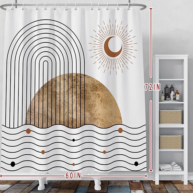 Baocicoo Boho Mid Century Shower Curtain Abstract Wave Shine Crescent Abstract Sun and Moon Shower Curtain for Bathroom Cubicle Durable Fabric Waterproof Curtain for Bathroom with Hooks 60x72 Inches