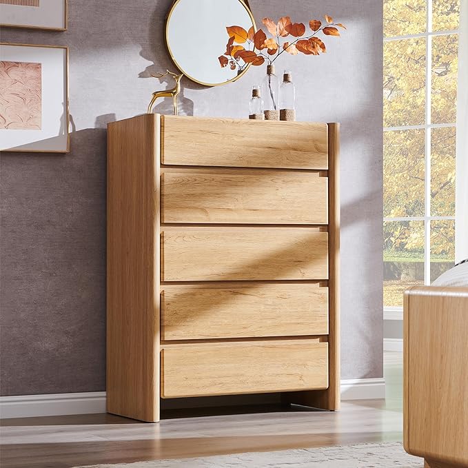 Modern 5 Drawers Dresser for Bedroom, 43" Tall Dresser & Chests of Drawers w/Rounded Corner, Wood Handleless Dresser w/Large Storage & Natural Texture for Bedroom, Living Room-Natural