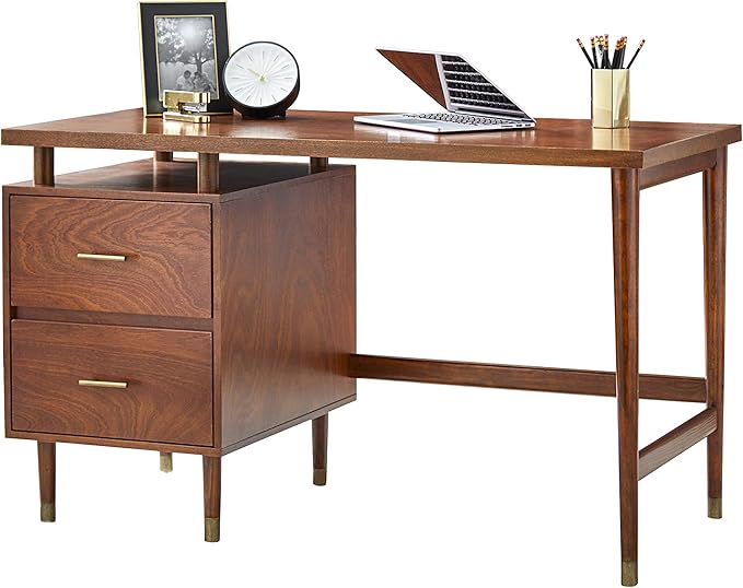 Margo 50" Wide Mid-Century Modern Wood Desk with Drawers, Stylish Elevated Top Design, Solid Pine Wood Tapered Legs, Computer Desk for Home Office & Study, Walnut