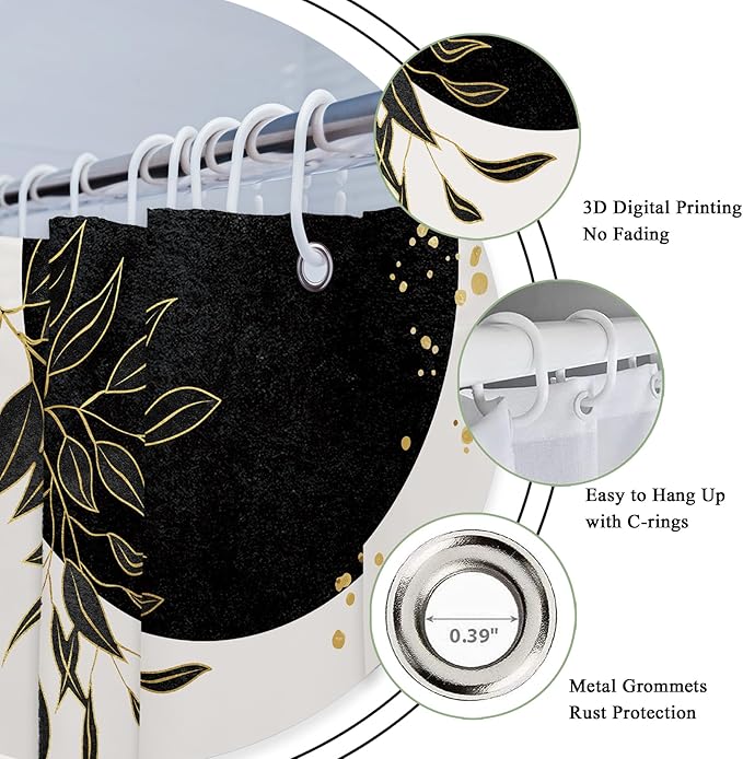 Riyidecor Small Stall Black Gold Boho Shower Curtain for Bathroom Decor 36Wx72H Mid Century Modern Abstract Gold Leaves Minimalist Geometric Art Printed Fabric Polyester Waterproof 7 Pack Plastic Hook