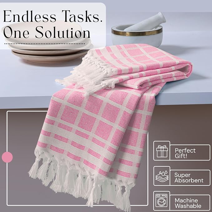 Matrix Dobby Kitchen Towels 12 Pack 100% Cotton, 16x26 Inches, Dish Towels with Knotted Tassels, Reusable and Washable Cloths for Cleaning, Drying Dishes - Rose Pink, Natural