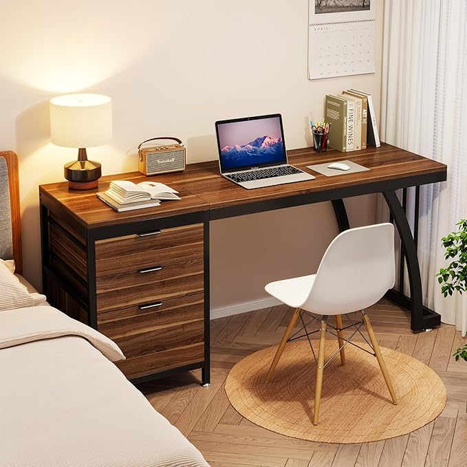 Tribesigns Computer Desk with 3 Drawers, 59-Inch PC Desk with Reversible Drawers, Industrial Study Writing Table Workstation with File Storage for Home Office, Walnut