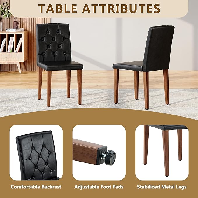 47" Round Dining Table Set for 4, Walnut Wood Grain Table and 4 Black PU Leather Upholstered Chairs Set, Mid Century Modern Kitchen Table Set with Cross Legs