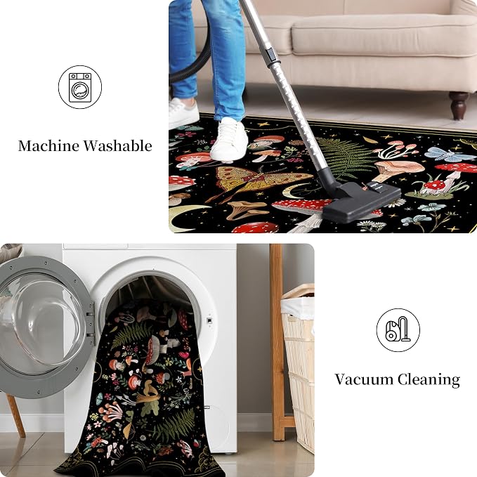 Mushroom Moth Area Rugs for Living Room Dining Room Bedroom Farmhouse, Non-Slip Machine Washable Black Living Room Rug Carpet 3'x5', Witchy Decor Aesthetic