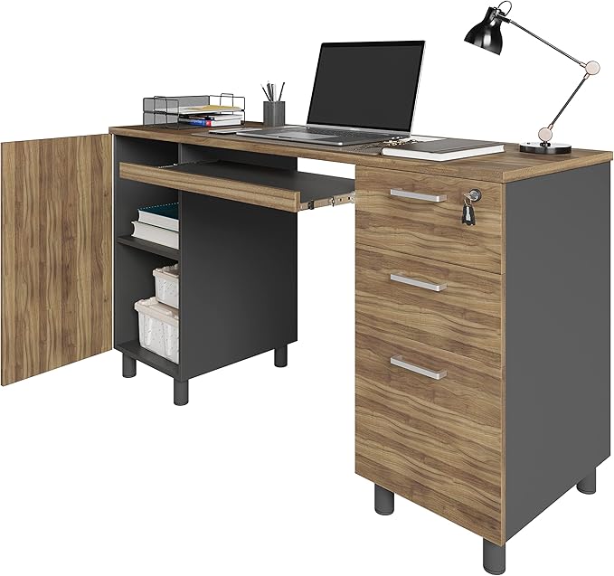 Modern Design Venice Computer Desk with Lockable Drawers, 53 Inch Home Office Desk with Storage Cabinet, Keyboard Tray & Cable Management, Modern Study Writing Desk for Small Spaces, Walnut and Black