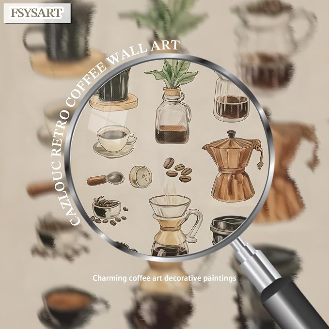 Framed Vintage Coffee Canvas Wall Art, Funky Espresso Coffee Tools Poster Prints, Modern Farmhouse Aesthetic Painting, Retro Kitchen Cafe Living Room Wall Decor for Coffee Lovers, 16x24in