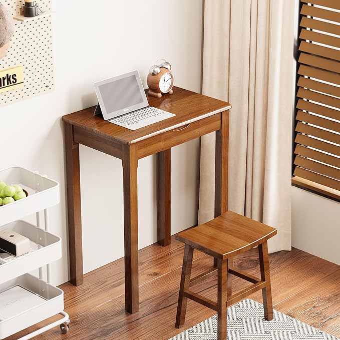 Solid Wooden Desk with Drawers - 24 x 16 Inch Narrow Desks, Rubberwood Mid Century Modern Desks, Small Writing Desk for Bedroom|Small Spaces - Walnut Color