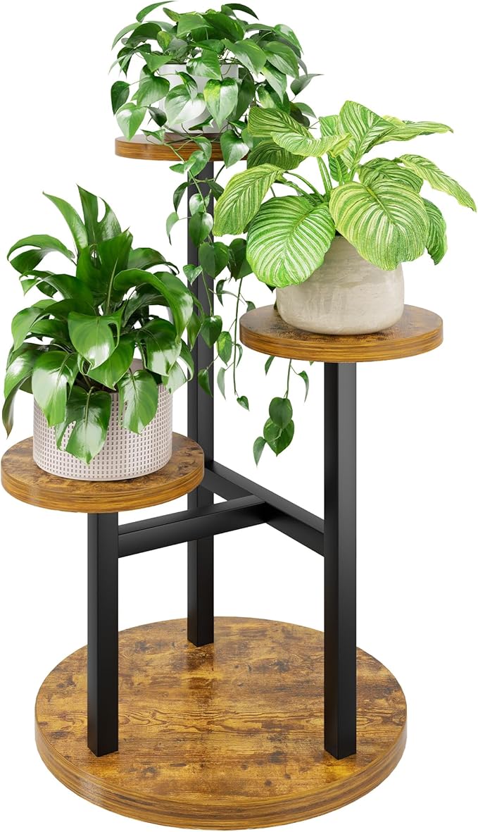 3 Tiers Wood Plant Tables Indoor Plant Stand Tall Metal Wood Plant Shelf Outdoor Indoor Plant Table Rack Tiered Plant Stand Garden Accessories for Living Room Balcony Patio - BlackRound