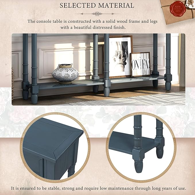 Merax Retro Console Table Sofa Table for Entryway with Drawers and Shelf Living Room Table (Antique Navy)
