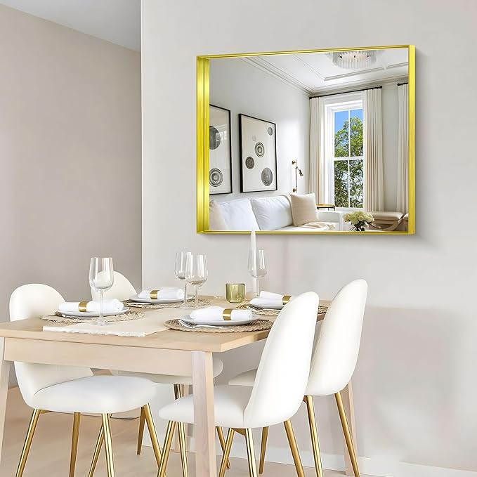 CIRCUMI Gold Bathroom Mirror, 30"x36" Rectangular Mirror with Deep Metal Frame, Brushed Finish, Tempered Glass, Mirror for Wall, Oversink, Bedroom, Installed Vertically/Horizontally, Crystal-Clear