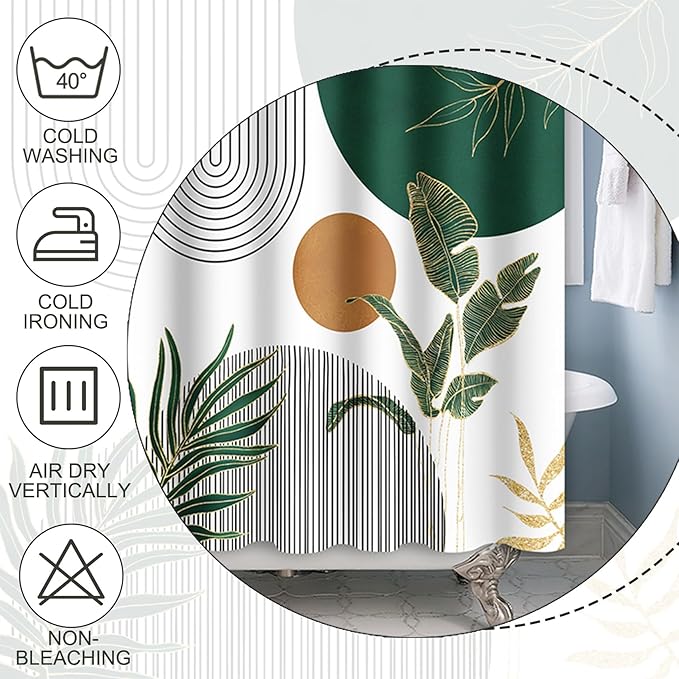 Baocicoo Boho Mid Century Shower Curtain Abstract Sun Green Banana Leaves Curve Aesthetic Shower Curtain for Bathroom Cubicle Living Room Waterproof Curtain for Bathroom with Hooks 72x72 Inches