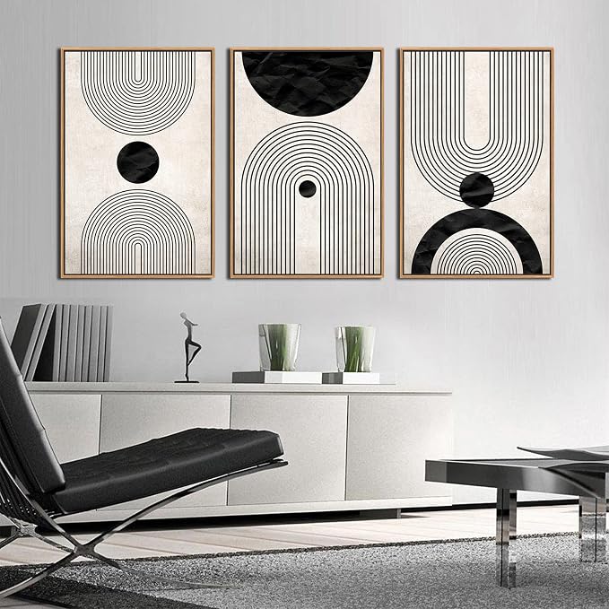 Framed Wall Art Canvas Set Mid Century Boho Pictures Modern Abstract Geometric Wall Decor Minimalist Black Beige Bohemian Canvas Painting Artwork for Living Room Bedroom Office 24"x36"x3 Natural